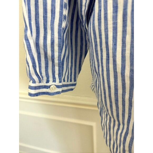 L.L. Bean Womens Size XL 100% Linen Blue Stripe Shirt Tunic Round Collar Preppy - Picture 4 of 8